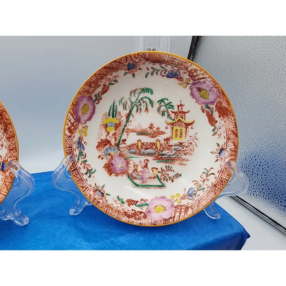 Set of 5 Chinoiserie Pagoda Bridge Small Shallow‎ Bowls Saucers Gold Rim 5.25